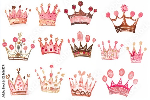 A collection of crowns on a white background. Hand drawn baby doodle illustrations . 