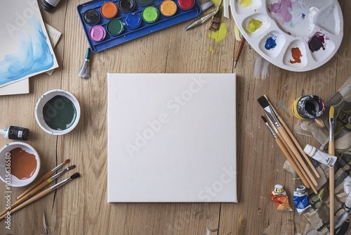 A blank white canvas with various art supplies such as paint brushes, paints, and a palette on a wooden table