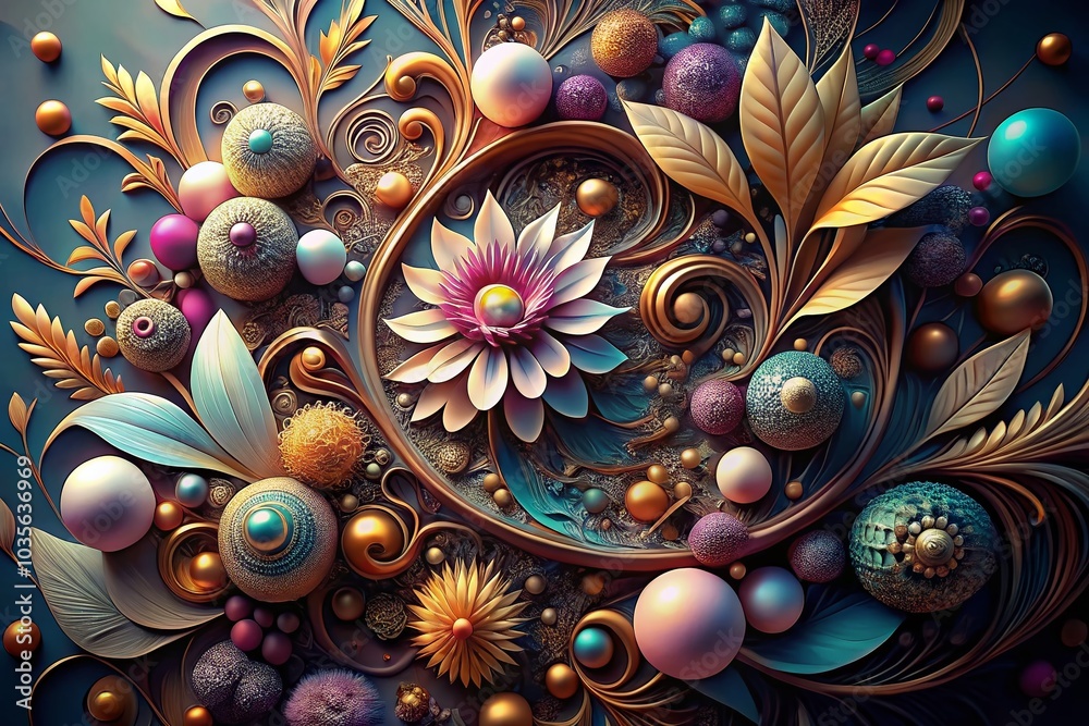 Beautiful 3D Floral Composition with Curl Elements and Spheres for Decorative Art Beautiful 3D Floral Composition with Curl Elements and Spheres for Decorative Art