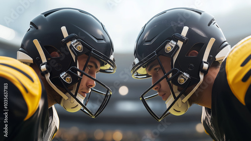 Rival players face off during a tense moment in a professional football game in a packed stadium under bright lights.