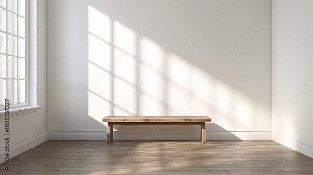 White-walled hallway with a single wooden bench and soft light casting shadows White-walled hallway with a single wooden bench and soft light casting shadows