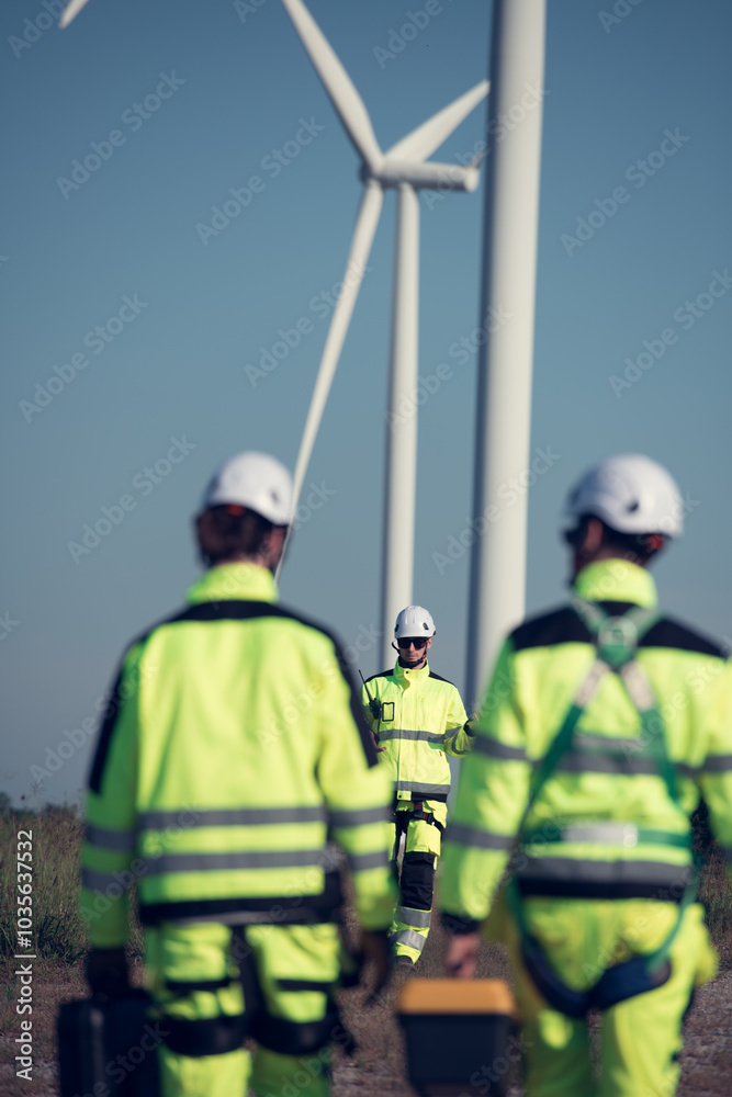 Fototapeta premium The engineering and technical team is preparing to install a large wind turbine to convert wind energy into electricity