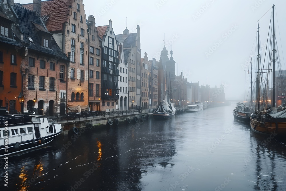 Fototapeta premium Misty Morning in Gdańsk: A Serene View of Historic Waterfront and Boats
