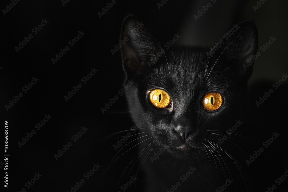 A black cat with striking yellow eyes is caught in the darkness, its body camouflaged but its gaze unmistakably vivid and piercing. The subtle play of light and shadow adds depth to the composition A black cat with striking yellow eyes is caught in the darkness, its body camouflaged but its gaze unmistakably vivid and piercing. The subtle play of light and shadow adds depth to the composition