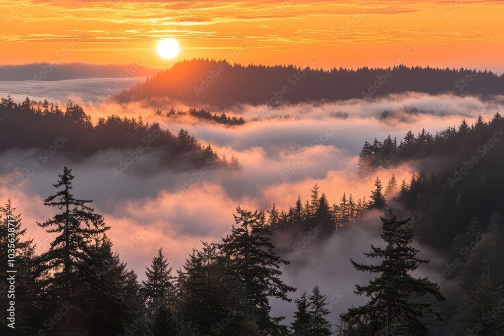Obraz premium Misty sunrise with vibrant orange sky
