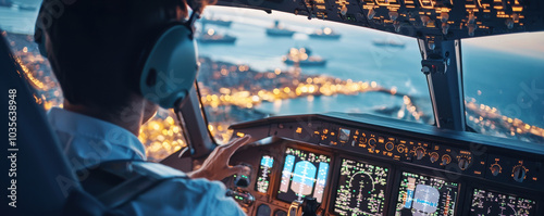 pilot operates aircraft cockpit, navigating over city illuminated at night, with ships visible in water below. scene captures blend of technology and skill in aviation photo