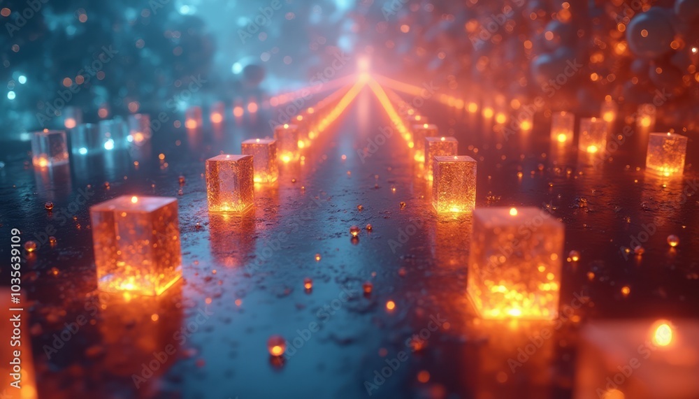 A series of glowing lanterns lined up on a wet street, creating a reflective and mystical path that extends into the distance. The image emphasizes light, reflection, and ambiance. A series of glowing lanterns lined up on a wet street, creating a reflective and mystical path that extends into the distance. The image emphasizes light, reflection, and ambiance.