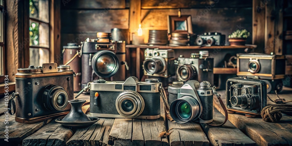 Fototapeta premium A collection of vintage cameras and photography equipment on a worn wooden workbench with a brown wooden table, surrounded by natural light and rustic decor, vintage cameras, art supplies, photography