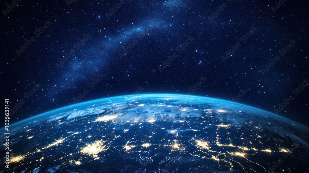 Fototapeta premium A captivating depiction of Earth from space at night, showcasing illuminated cities and highways like veins of light, contrasted with the dark expanse of the universe dotted with stars.