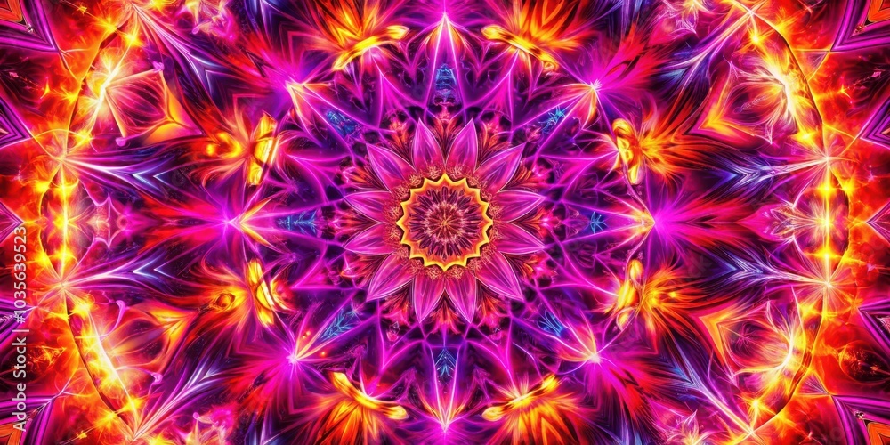 A vibrant kaleidoscope of neon pink, orange, and blue colors forms a symmetrical mandala of glowing flowers and geometric patterns. A vibrant kaleidoscope of neon pink, orange, and blue colors forms a symmetrical mandala of glowing flowers and geometric patterns.