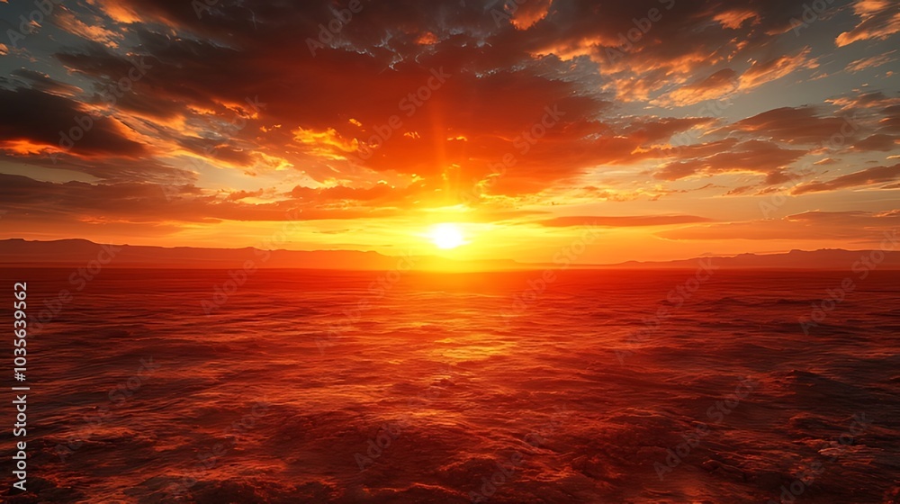 A fiery sunset casts an orange glow over a vast, desert landscape. A fiery sunset casts an orange glow over a vast, desert landscape.