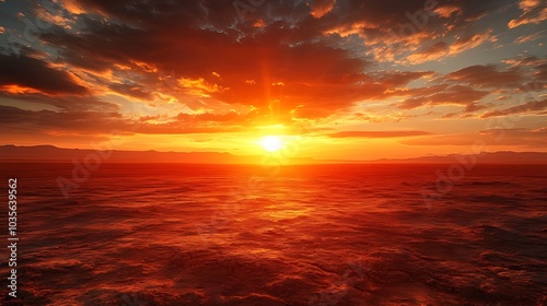 A fiery sunset casts an orange glow over a vast, desert landscape.