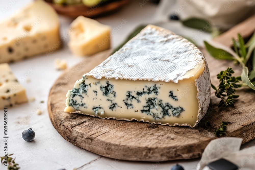 A close-up shot of a wedge of blue cheese with visible veins of blue mold, showcasing its rich, creamy texture and rugged exterior. The cheese is placed on a rustic wooden cutting board A close-up shot of a wedge of blue cheese with visible veins of blue mold, showcasing its rich, creamy texture and rugged exterior. The cheese is placed on a rustic wooden cutting board