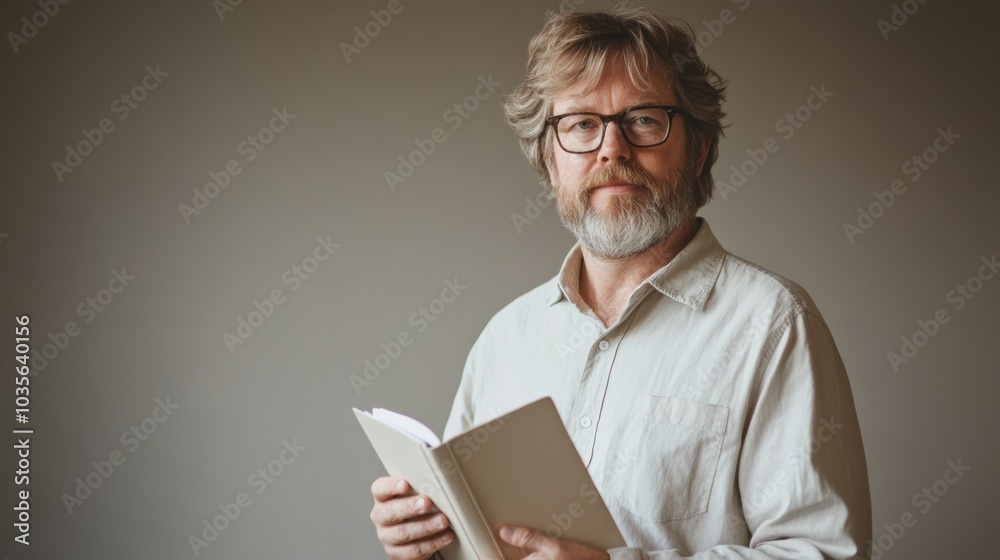 Portrait of a writer holding a notebook, gentle lighting, clean composition with no clutter.