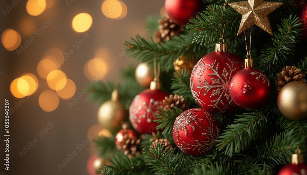 A close-up of red and gold Christmas ornaments hanging on a tree with warm festive lights glowing in the background. The image highlights holiday decoration and festive celebration. A close-up of red and gold Christmas ornaments hanging on a tree with warm festive lights glowing in the background. The image highlights holiday decoration and festive celebration.