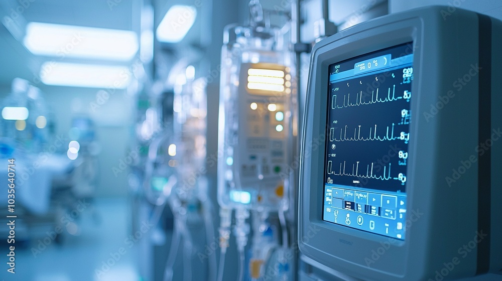 Modern Infusion Pump with Touch Controls in ICU Lighting Modern Infusion Pump with Touch Controls in ICU Lighting