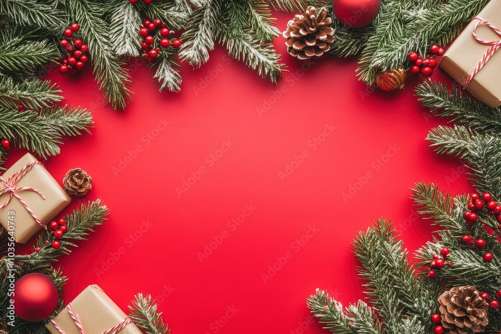Festive christmas frame with gifts decorations on red background Festive christmas frame with gifts decorations on red background