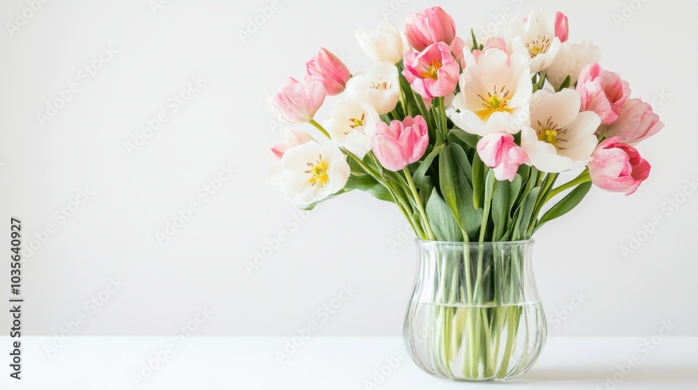 Vase of fresh spring flowers on a plain table, white background, soft pastel tones Vase of fresh spring flowers on a plain table, white background, soft pastel tones