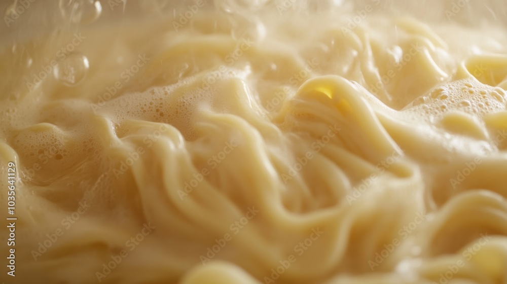 Close-up of pasta noodles being stirred in boiling water, rich texture, steam. Close-up of pasta noodles being stirred in boiling water, rich texture, steam.