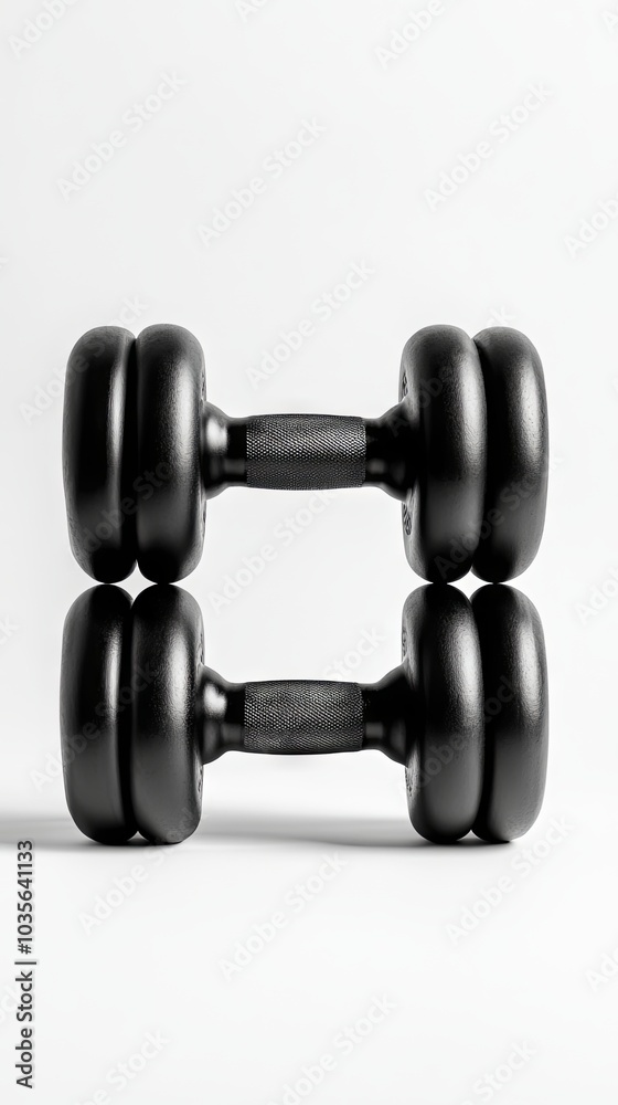 Black Dumbbells on White Background: Fitness and Strength Training Equipment