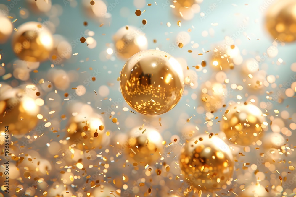 A Festive Display of Floating Golden Orbs and Shimmering Confetti