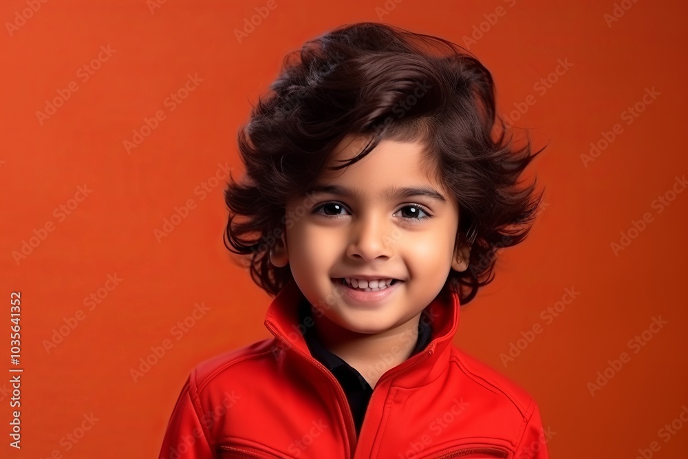 Portrait of a cute little boy with curly hair over red background Portrait of a cute little boy with curly hair over red background