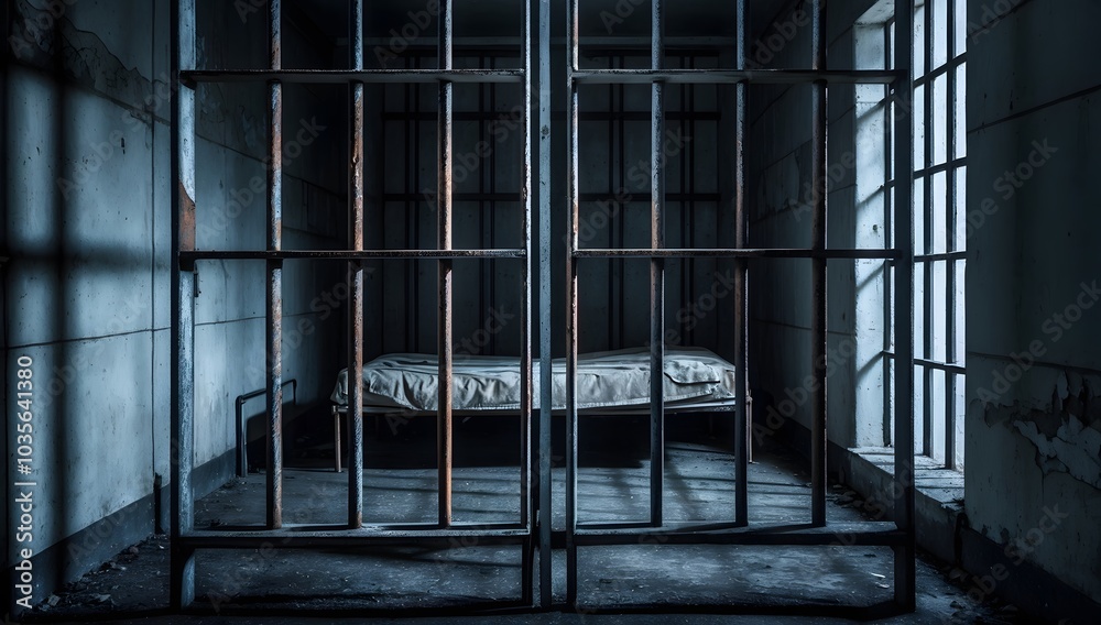 Abandoned Prison Cell with Rusty Bars and Decayed Bed in an Old Forgotten Facility Abandoned Prison Cell with Rusty Bars and Decayed Bed in an Old Forgotten Facility