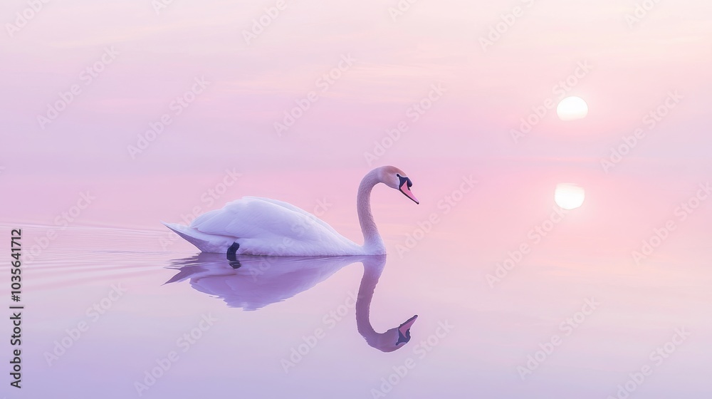 Obraz premium A graceful white swan gliding smoothly across the surface of a still lake, reflection in the water, with a soft pink and purple sky