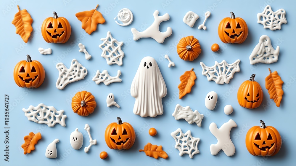 A flat lay of Halloween decorations, including pumpkins, ghosts, and cobwebs, arranged on a blue background.