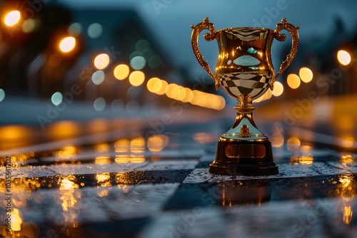 Glimmering Trophy on a Rainy Race Track at Dusk