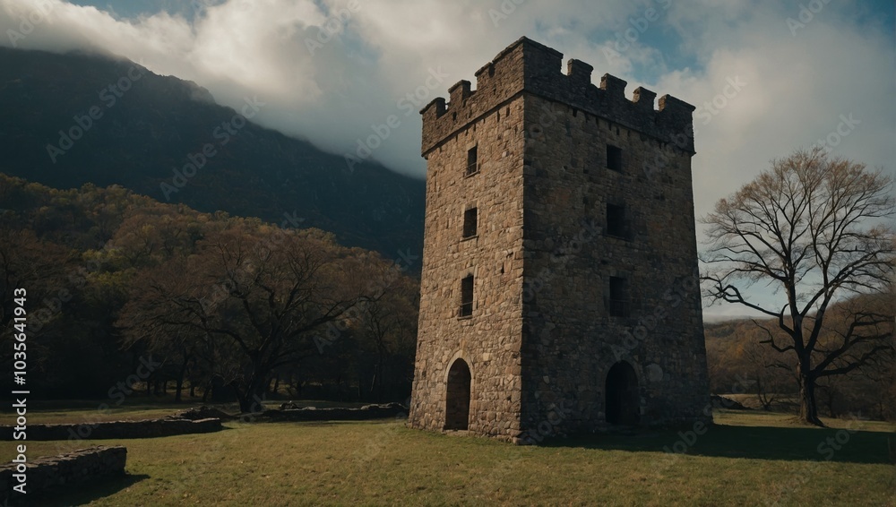 A serene archer tower beside a tranquil pond invites reflection A serene archer tower beside a tranquil pond invites reflection