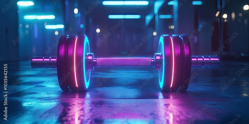 Fototapeta premium Neon Dumbbell in Gym Setting: Fitness and Strength