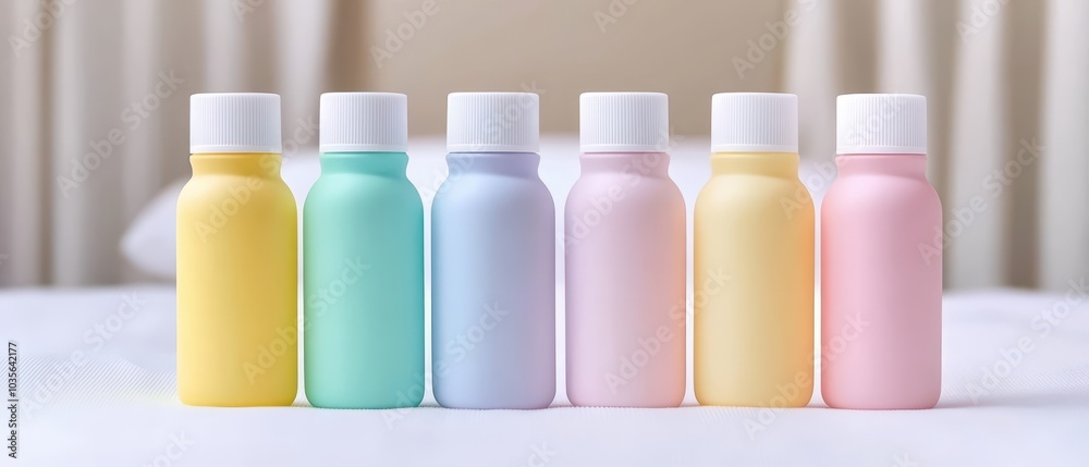 Colorful bottles arranged neatly on a soft surface, ideal for beauty or wellness themes. Colorful bottles arranged neatly on a soft surface, ideal for beauty or wellness themes.