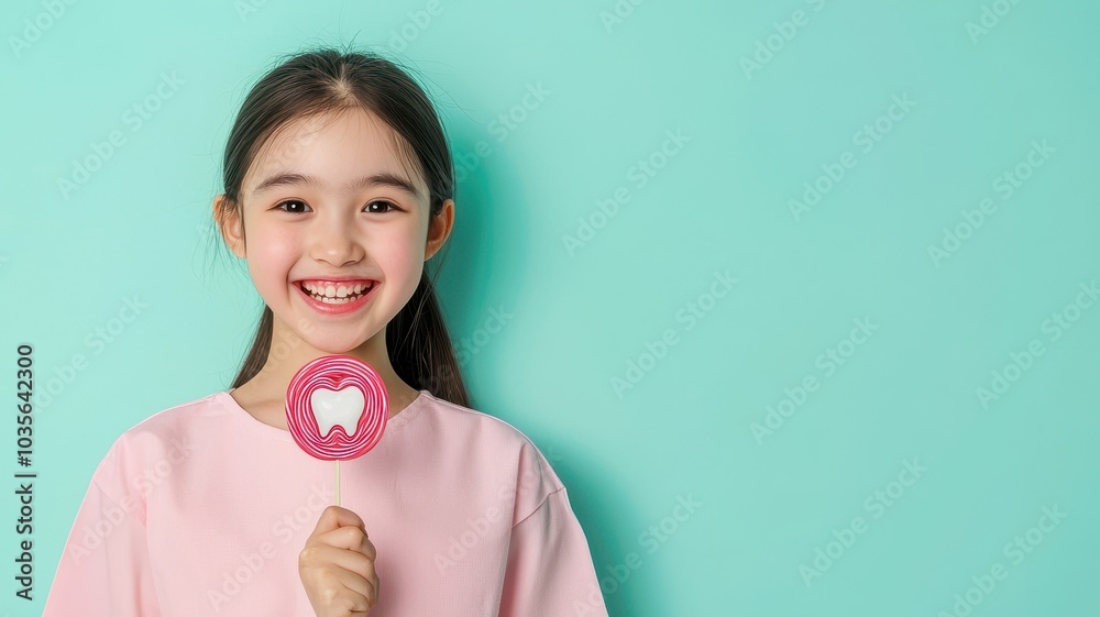 Happy girl holding a lollipop with a tooth design, smiling against a teal background. Happy girl holding a lollipop with a tooth design, smiling against a teal background.
