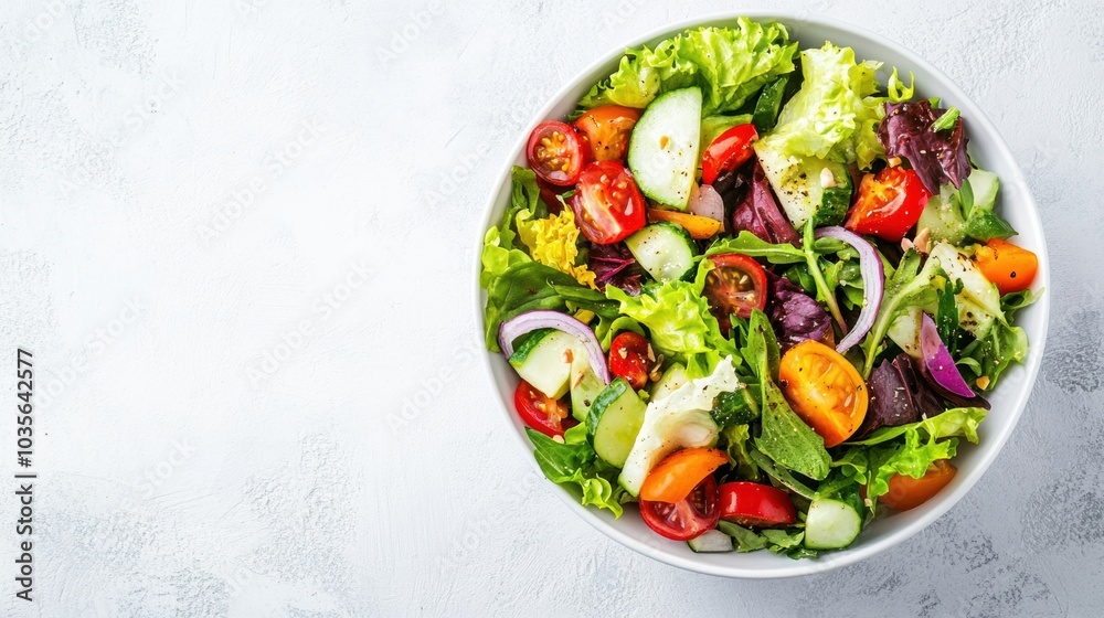 Bowl of colorful salad on a plain white table, minimal decor, overhead perspective. Bowl of colorful salad on a plain white table, minimal decor, overhead perspective.