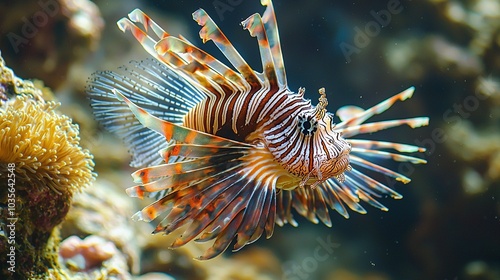 Stunning Lionfish Near Coral Reef: Colorful Spiky Fins in Sunlit Waters