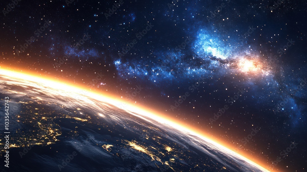 Obraz premium A high-resolution image of the planet Earth at night, highlighting urban areas with bright lights and sprawling infrastructure, set against the vastness of outer space filled