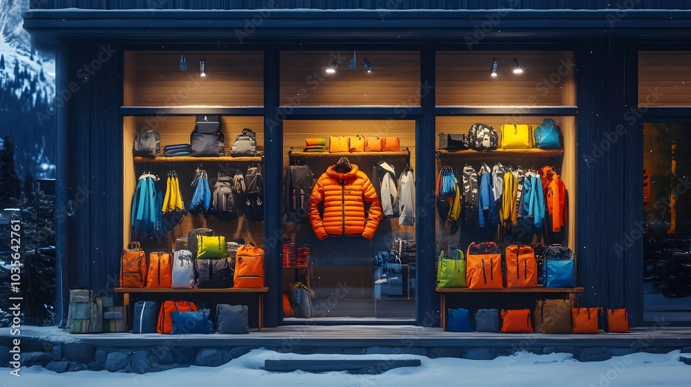 Obraz premium Outdoor Gear Store Showcasing Holiday Adventure Gear Sale with Snowy Mountain Backdrop