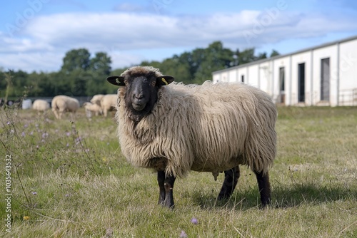 A fluffy brown sheep standing in a grassy field