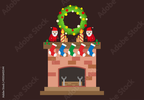 Chimenea de ladrillo con calcetines, velas y ornamentación navideña y papa Noel 
