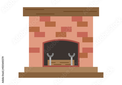 Chimenea de ladrillos con un tronco de madera
