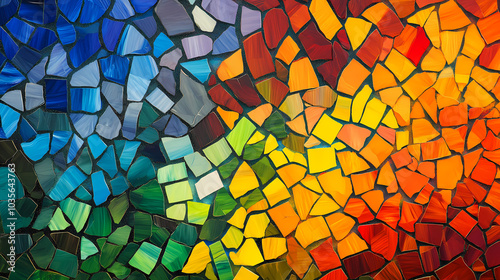 Abstract mosaic tiles in rainbow colors, patterned background, artistic. Byzantine Mosaics. Illustration