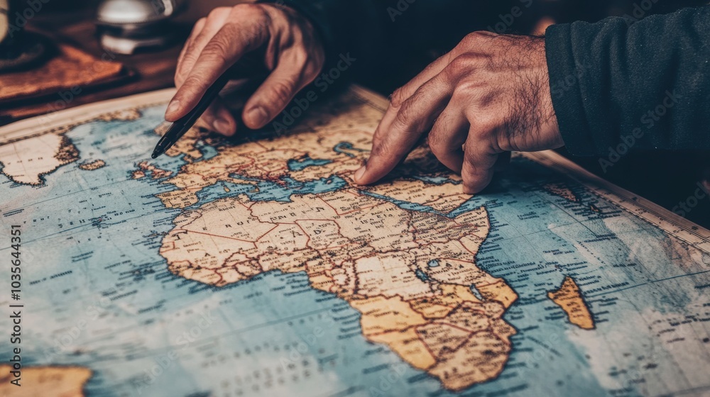 Close-up of hands pointing at a location on a map, soft and clean composition.