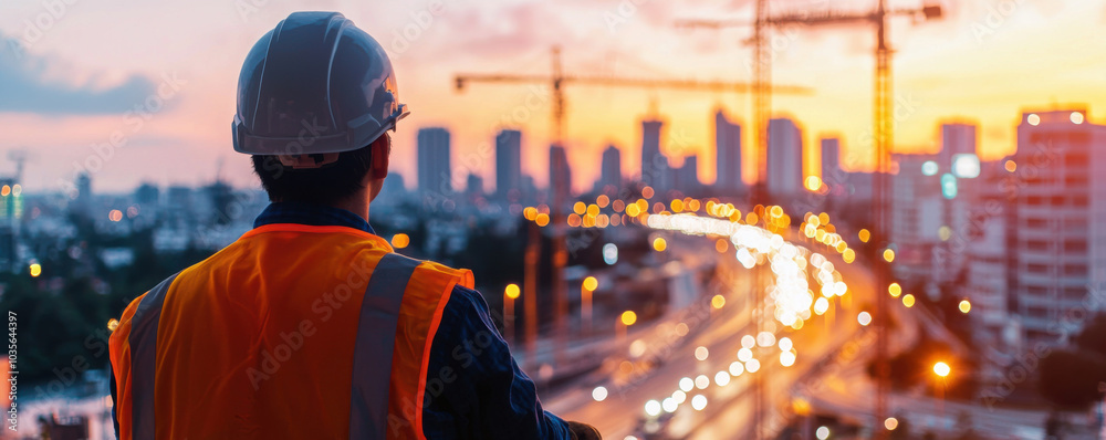 construction worker in safety vest and helmet observes bustling city skyline at sunset, with cranes and traffic illuminating scene construction worker in safety vest and helmet observes bustling city skyline at sunset, with cranes and traffic illuminating scene