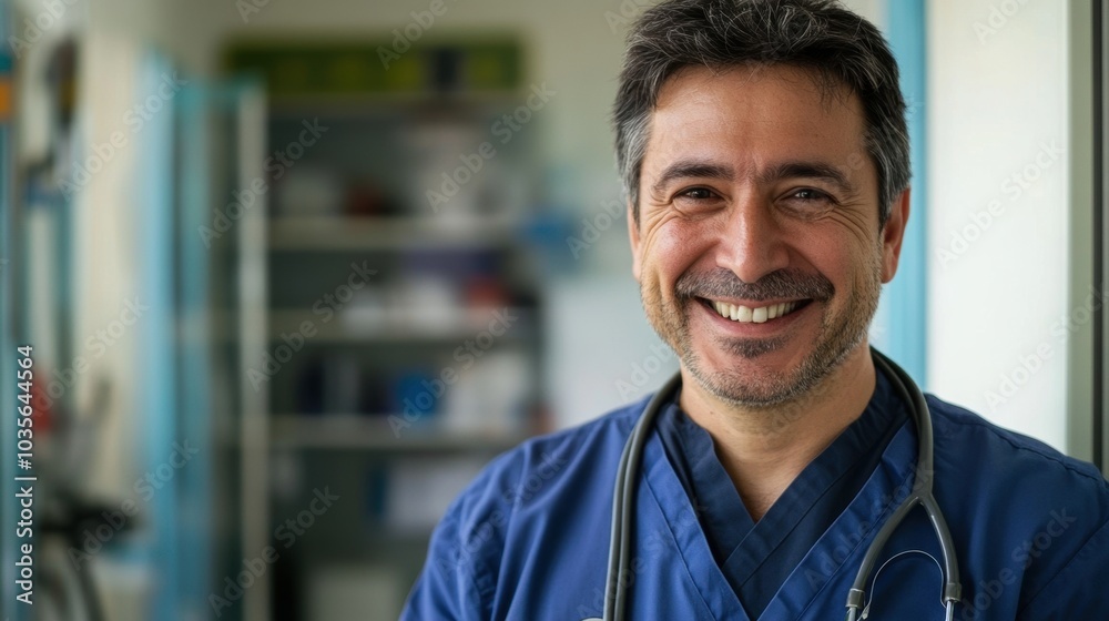 Portrait of a veterinarian smiling, softly blurred background of a veterinary clinic. Portrait of a veterinarian smiling, softly blurred background of a veterinary clinic.