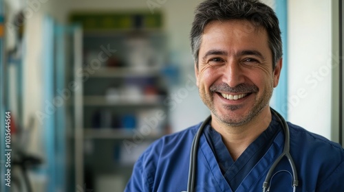 Portrait of a veterinarian smiling, softly blurred background of a veterinary clinic.