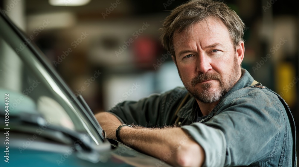 Portrait of a mechanic leaning on a car, slight blur in the garage background. Portrait of a mechanic leaning on a car, slight blur in the garage background.