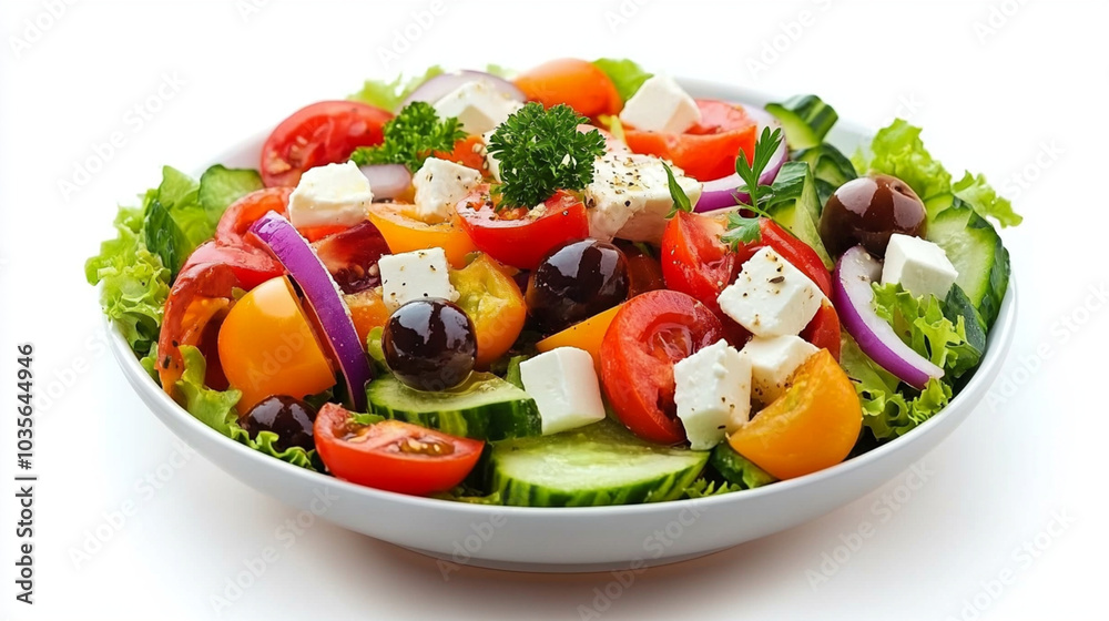 Delicious greek salad isolated on white background Delicious greek salad isolated on white background