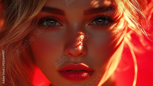 Close-up portrait of a woman with dreamy eyes and soft lighting.