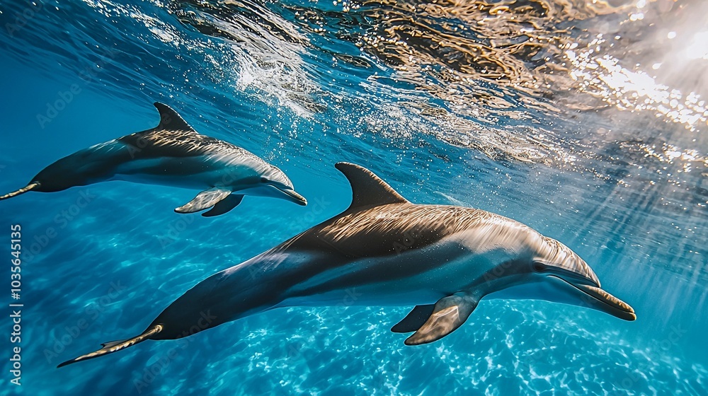 Fototapeta premium Graceful Dolphins Swimming in Clear Blue Water with Sunlight Shafts